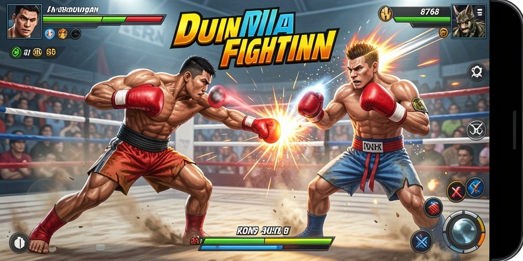 Tampilan gameplay seru di arena pertarungan dengan karakter Fighting.