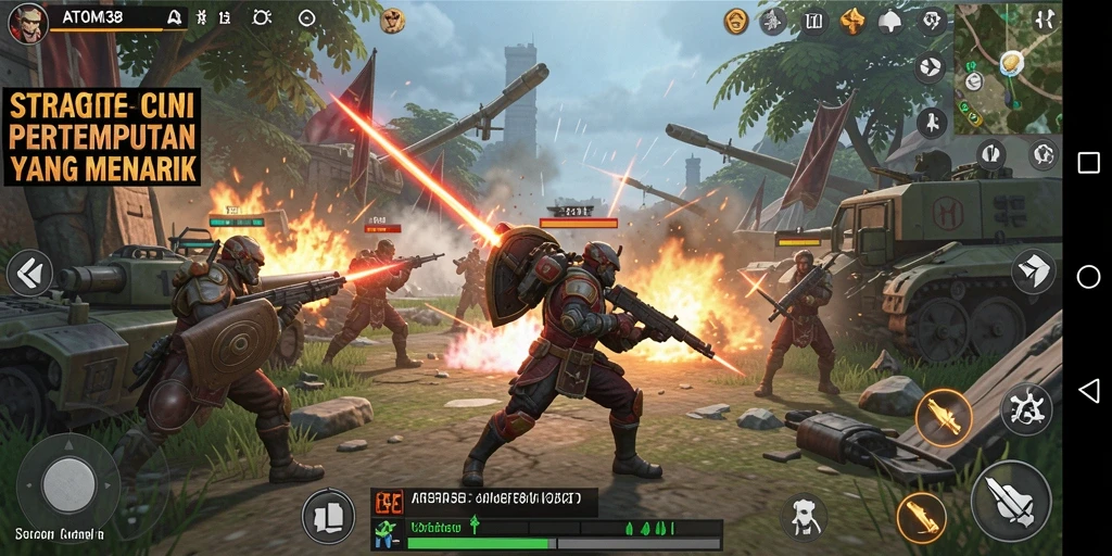 Tangkapan layar gameplay ATOM138 yang menampilkan pertempuran strategi intens.