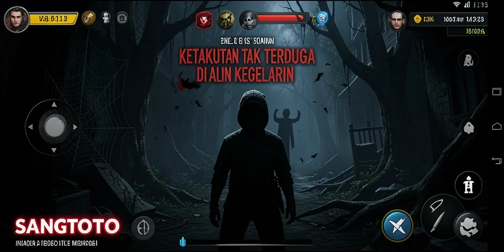 Screenshot utama SANGTOTO menampilkan aksi menegangkan dalam suasana kelam.