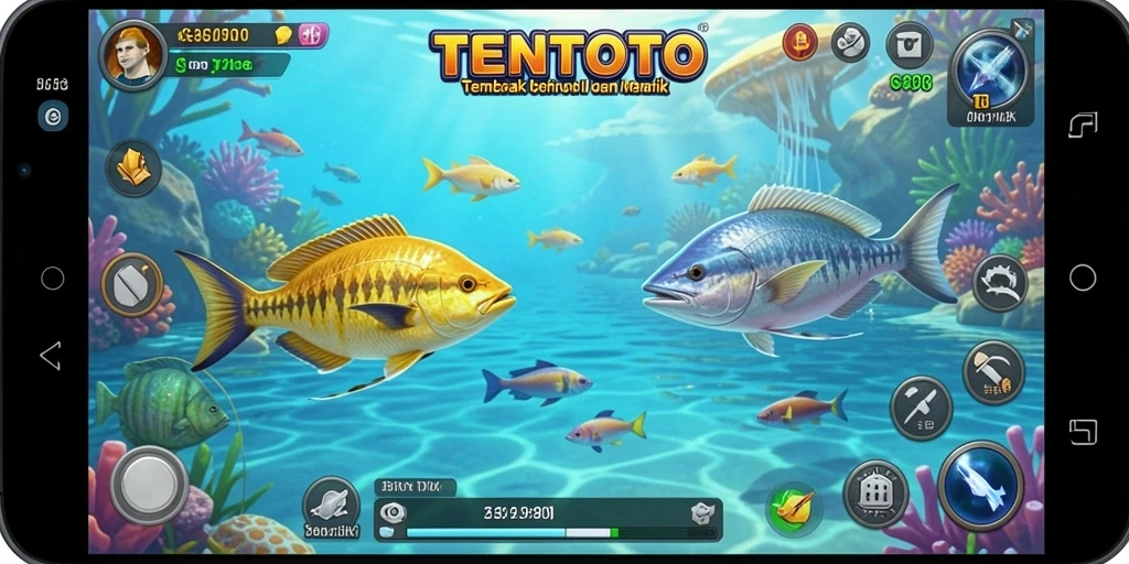 Screenshot gameplay TENTOTO yang menampilkan aksen Tembak Ikan.